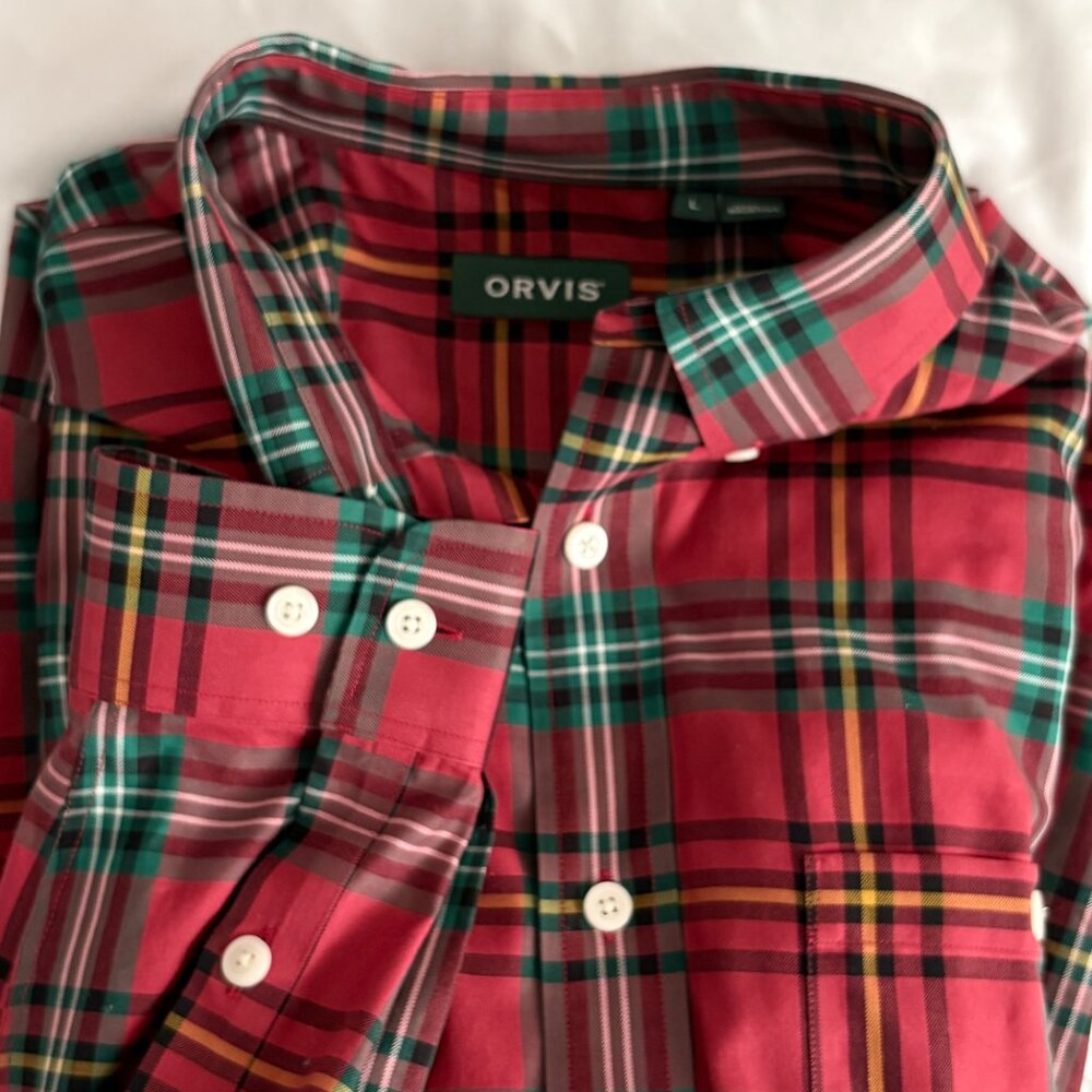 Orvis Men's Button Down Collar Long Sleeve Shirt Red Green Plaid Holiday Sz L